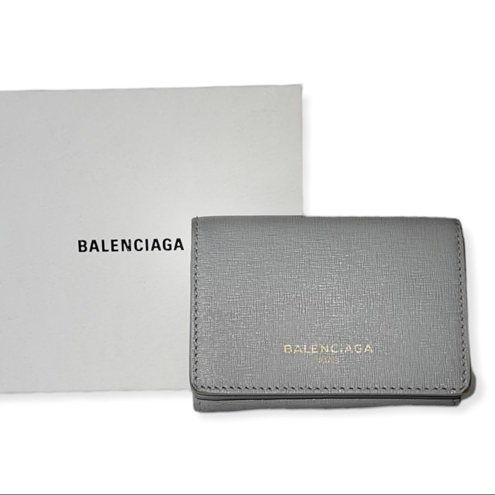 BALENCIAGA Mini Wallet Grey Saffiano Leather Trifold Wallet Dust Bag Box